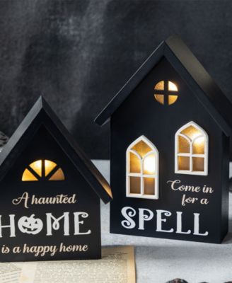 Lighted Halloween Wooden House-shaped Table Decor, Set of 2