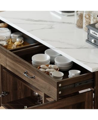 Wooden Storage Cabinet with Marble Pattern, Two Doors, Two Drawers and Pantry Function