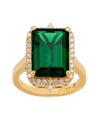 Suzy Levian Yellow Sterling Silver Emerald-Cut Green Cubic Zirconia and Pointed Halo White Cubic Zirconia Ring