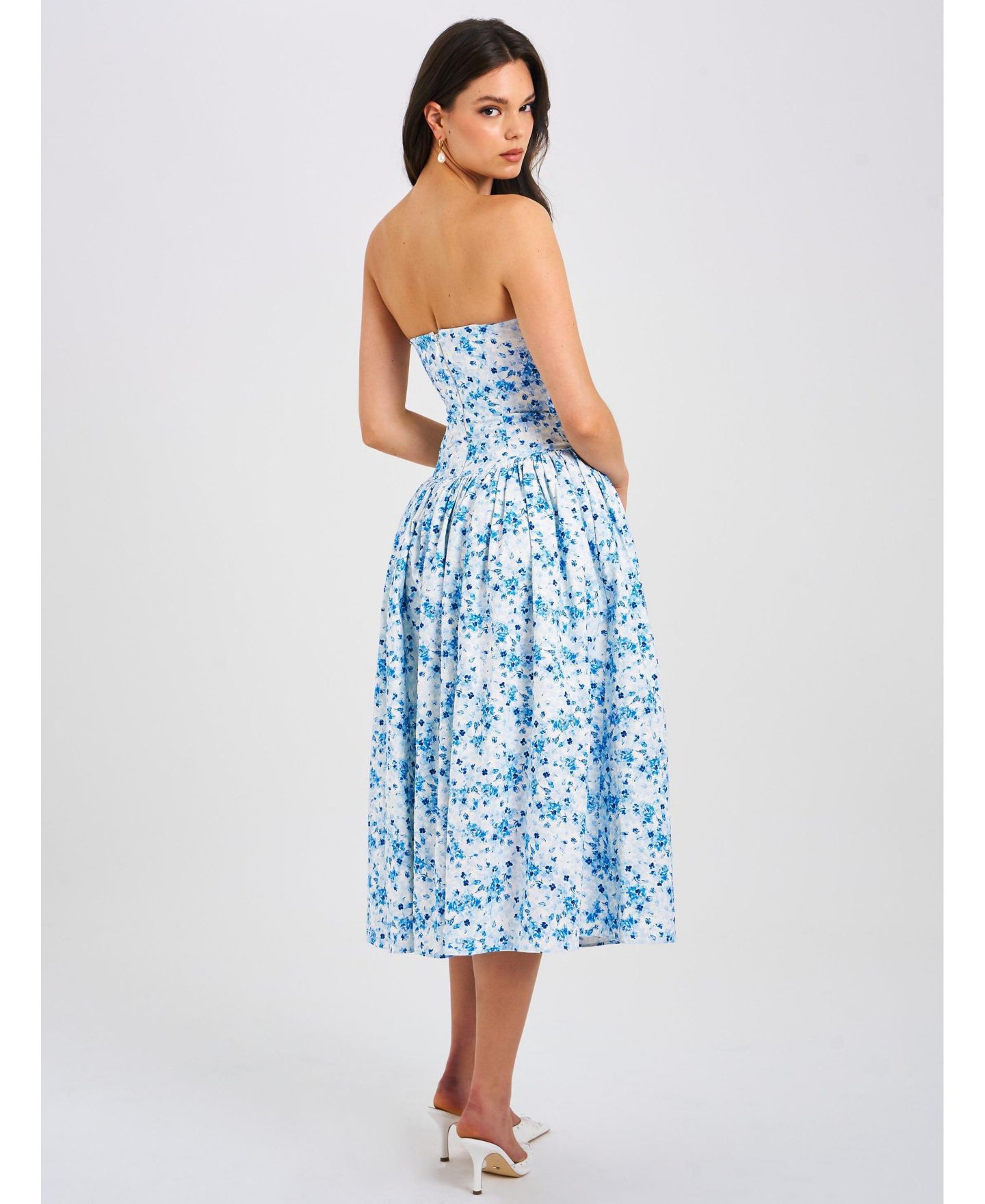 Женское платье Miss Circle Paloma Blue Print Linen Corset Draping Top Midi, цвет: Синий с принтом — фото 9