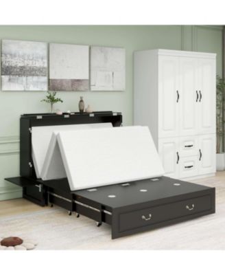 Murphy Bed Cabinet, Queen Murphy Bed with USB and Charging Ports, with Drawer Includes Storage Cabinet Suit for Guest Room, Black Walnut Cabinet Bed