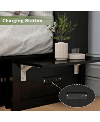 Black queen Murphy bed with 2 drawers, 2 shelves, 2 USB ports, and 2 charging ports. Ideal for guest rooms and home offices