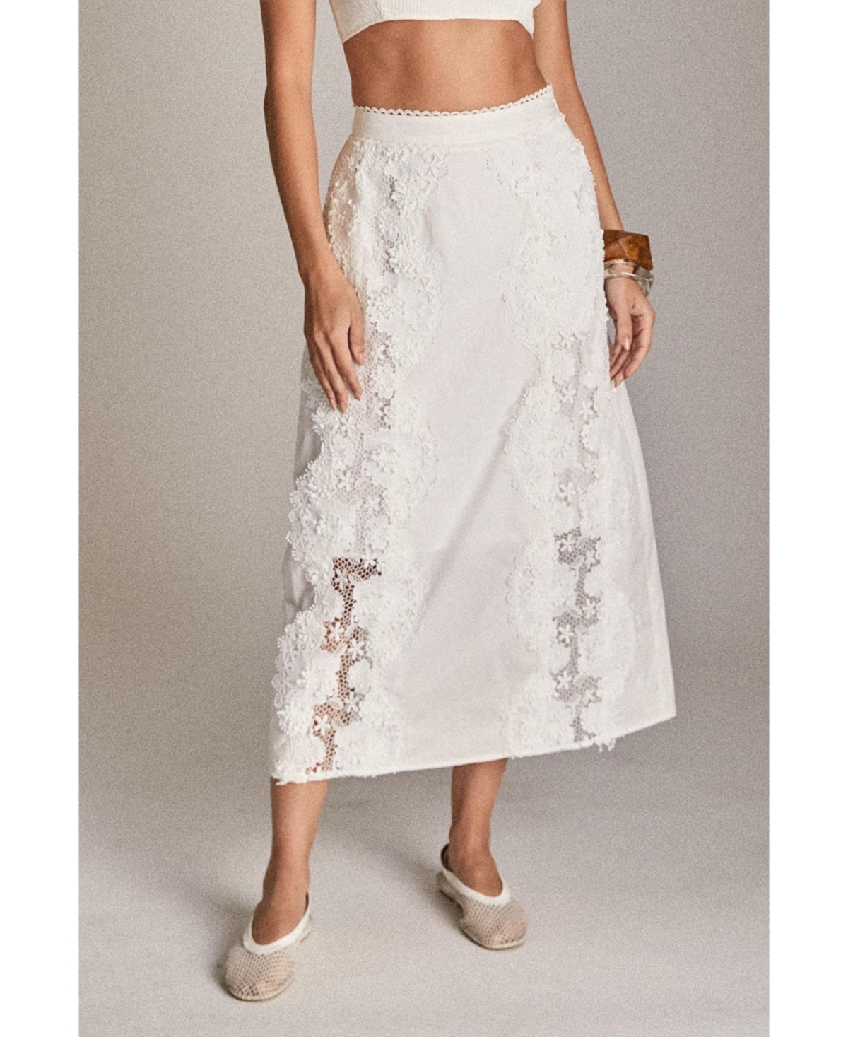 Women's Lace trimed midi skirt - White