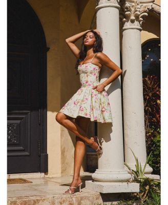 Women's Valda Yellow and Pink Print Linen Mini Dress with Pockets