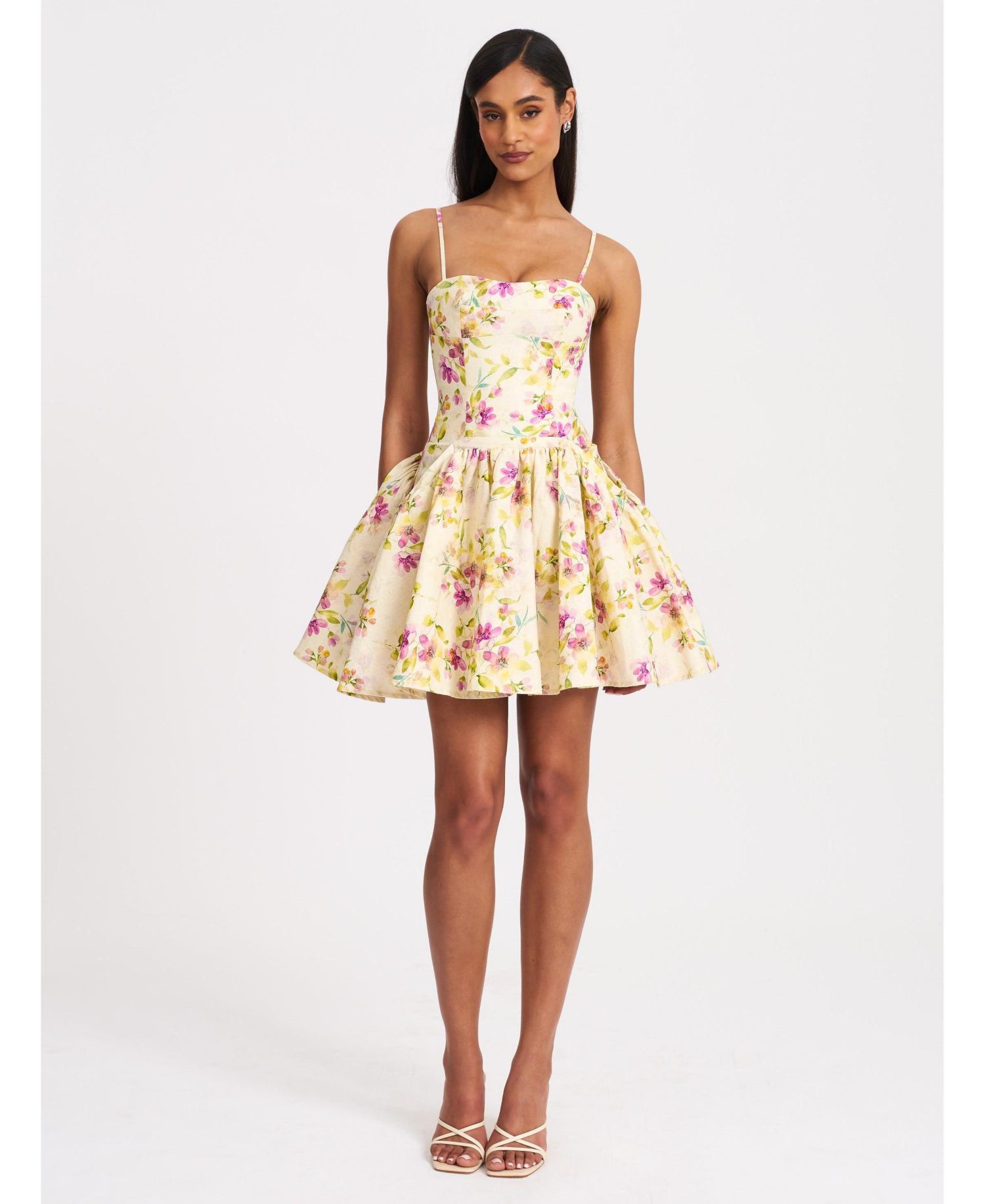 Women's Valda Yellow and Pink Print Linen Mini Dress with Pockets