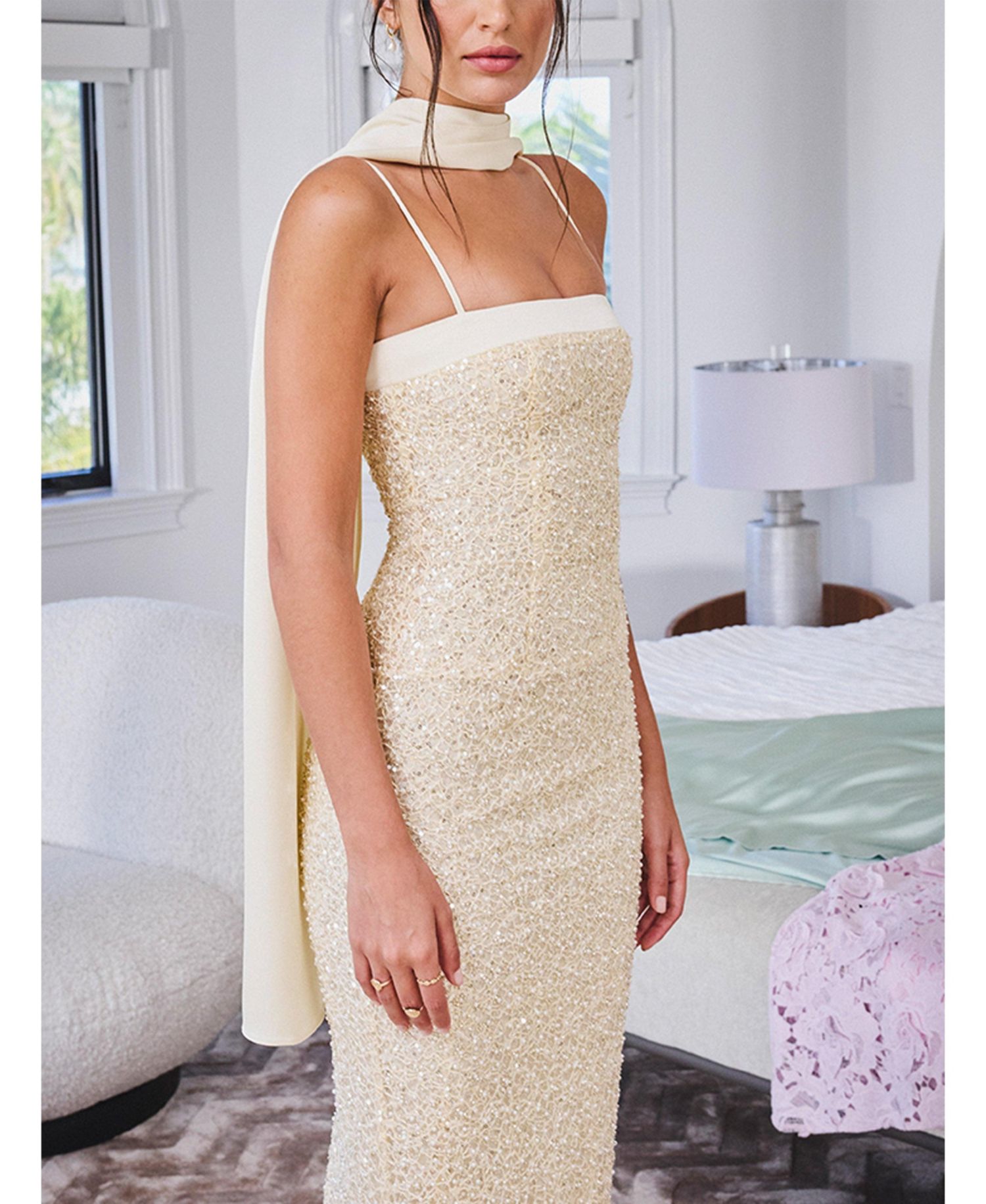 Women's Raizel Gold Beaded Sequin Bodycon Gown with Scarf