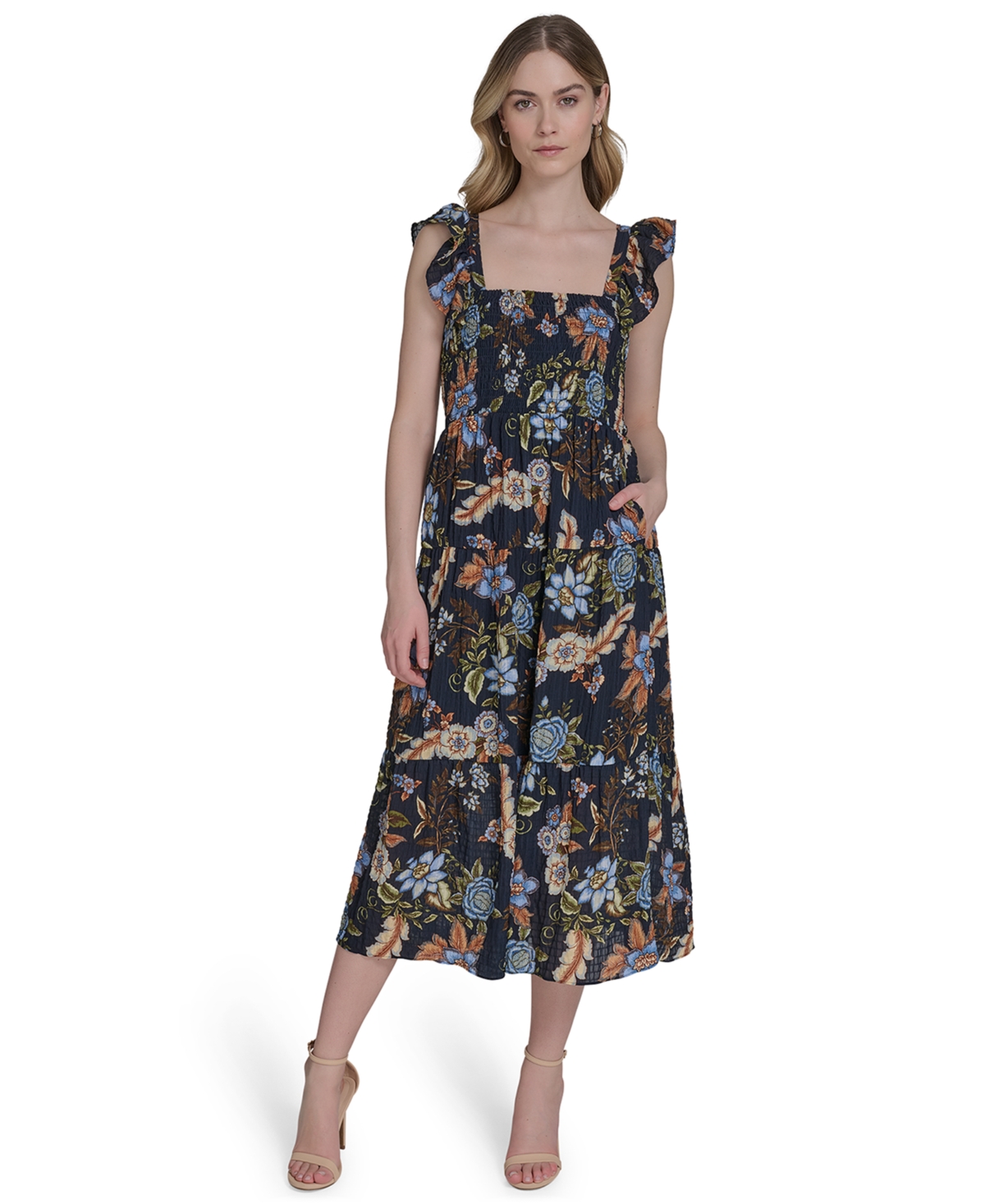 Women's Sleeveless Square-Neck Midi Dress - Navy multi