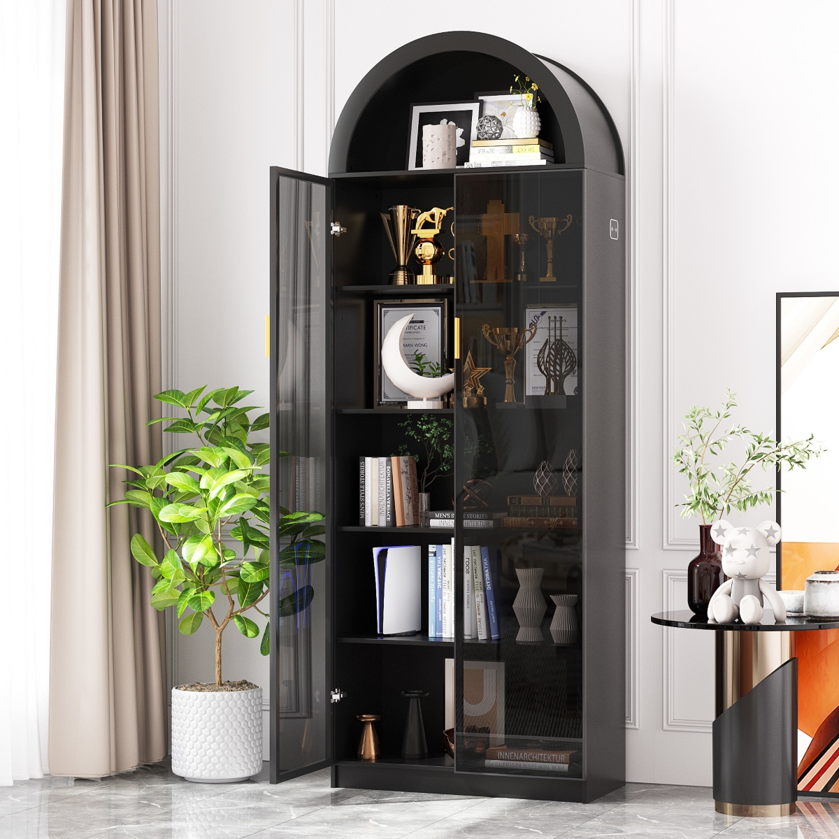 Vlsrka 76" Arch Display Cabinet, 3-Color Lights, 6 Shelves