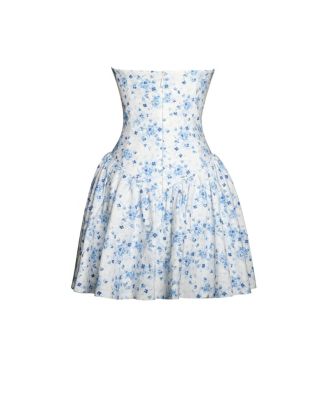 Women's Taleah Blue Floral Print Linen Mini Dress with Lace Trim