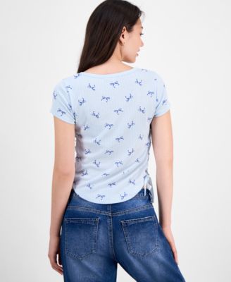 Juniors' Printed Ribbon-Side Short-Sleeve Tee
