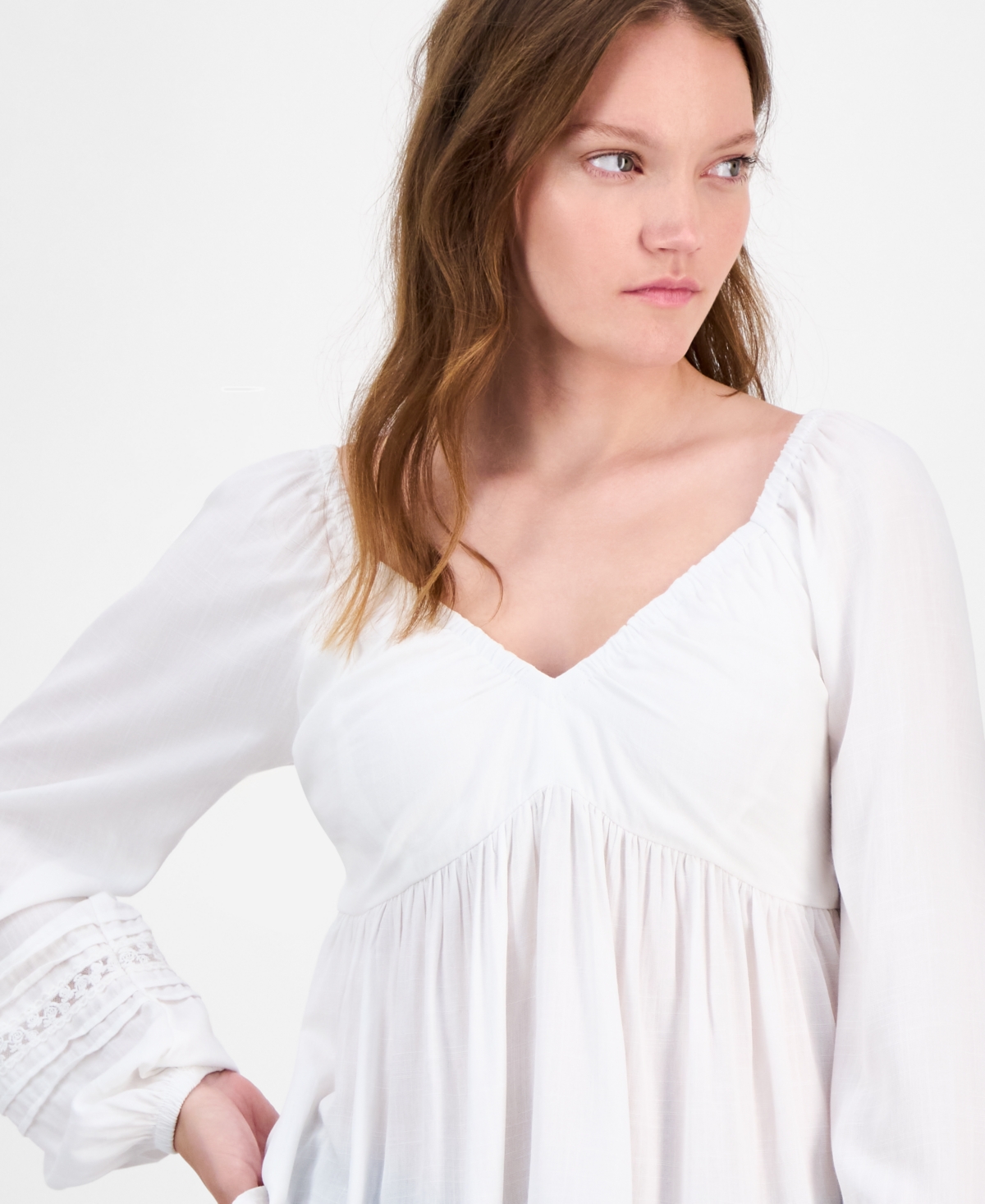 Self Esteem Juniors' Ruched V-neck Lace-inset Blouse In White