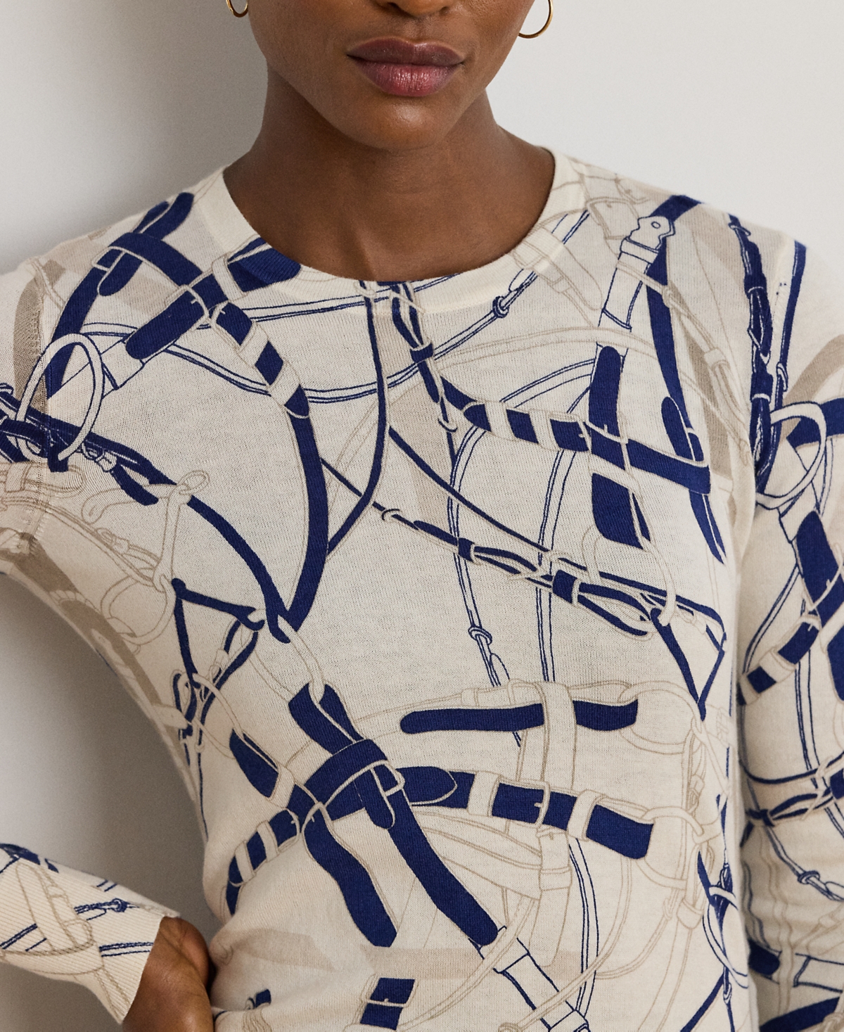 Ralph Lauren Womens Belting Print Cotton Blend Sweater P Xs Xxl In White