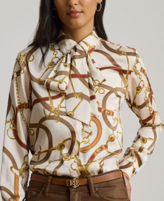 Petite Classic-Fit Print Twill Tie-Neck Shirt