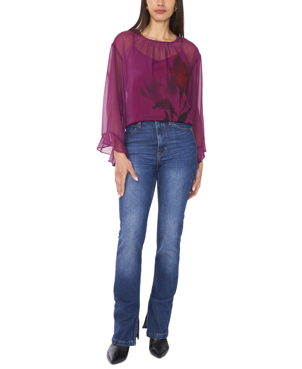 Vince Camuto Floral Flutter Bell Sleeve Top In Purple