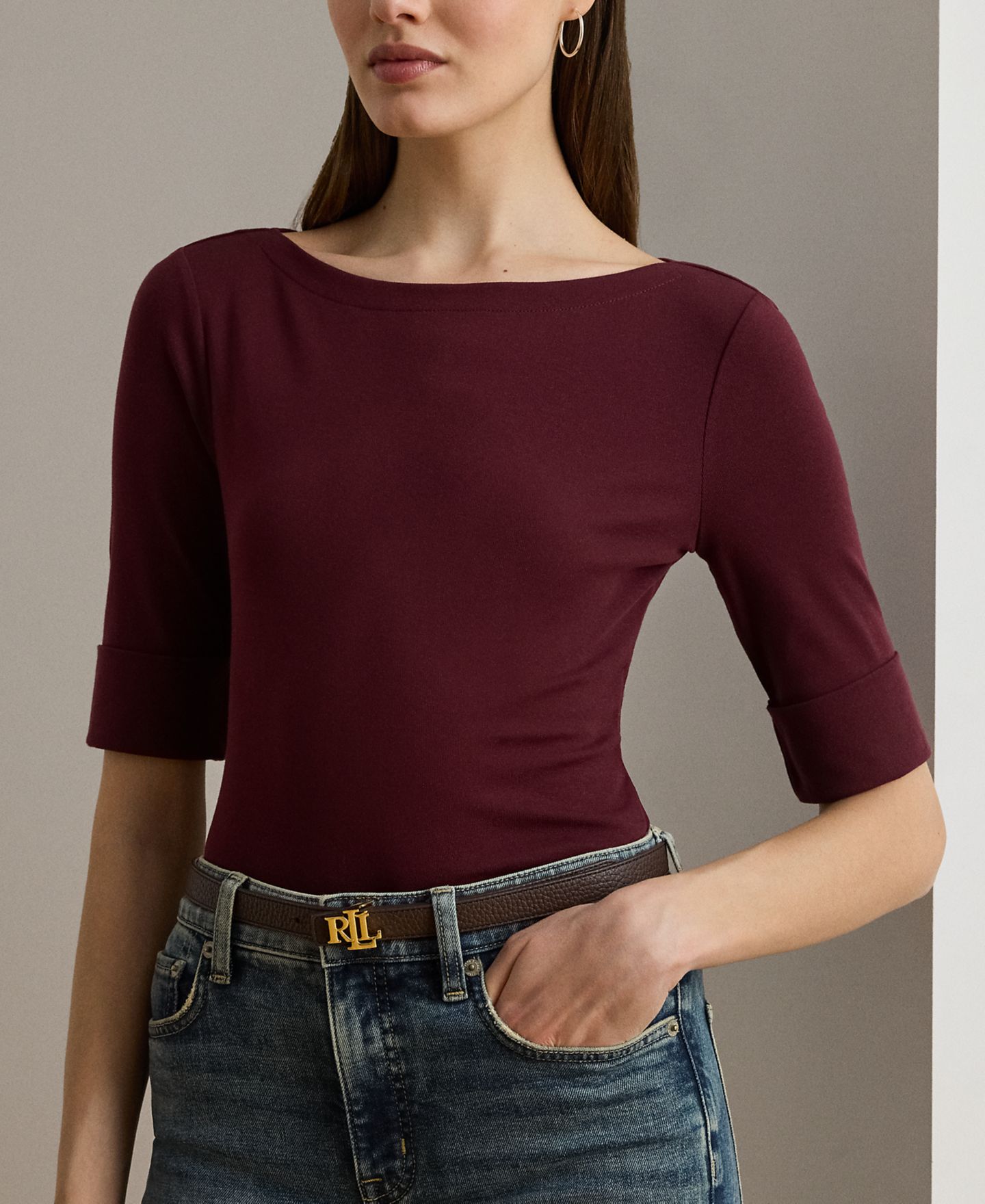 Женская футболка Lauren Ralph Lauren Petite Stretch Cotton Boatneck, цвет: Тёмный гранатовый — фото 2