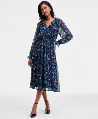 Women's Printed Ruffle-Trim Long-Sleeve Midi Dress, Macy's Exclusive 