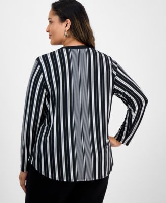 Plus Size Striped V-Neck Long-Sleeve Top, Exclusively at Macy's
