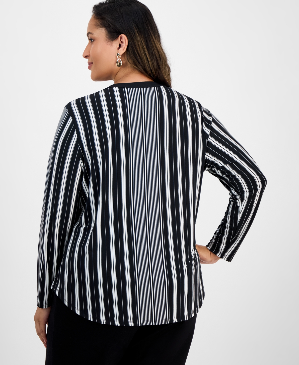 Jm Collection Plus Size Striped V-neck Long-sleeve Top, Exclusively At Macy's In Black