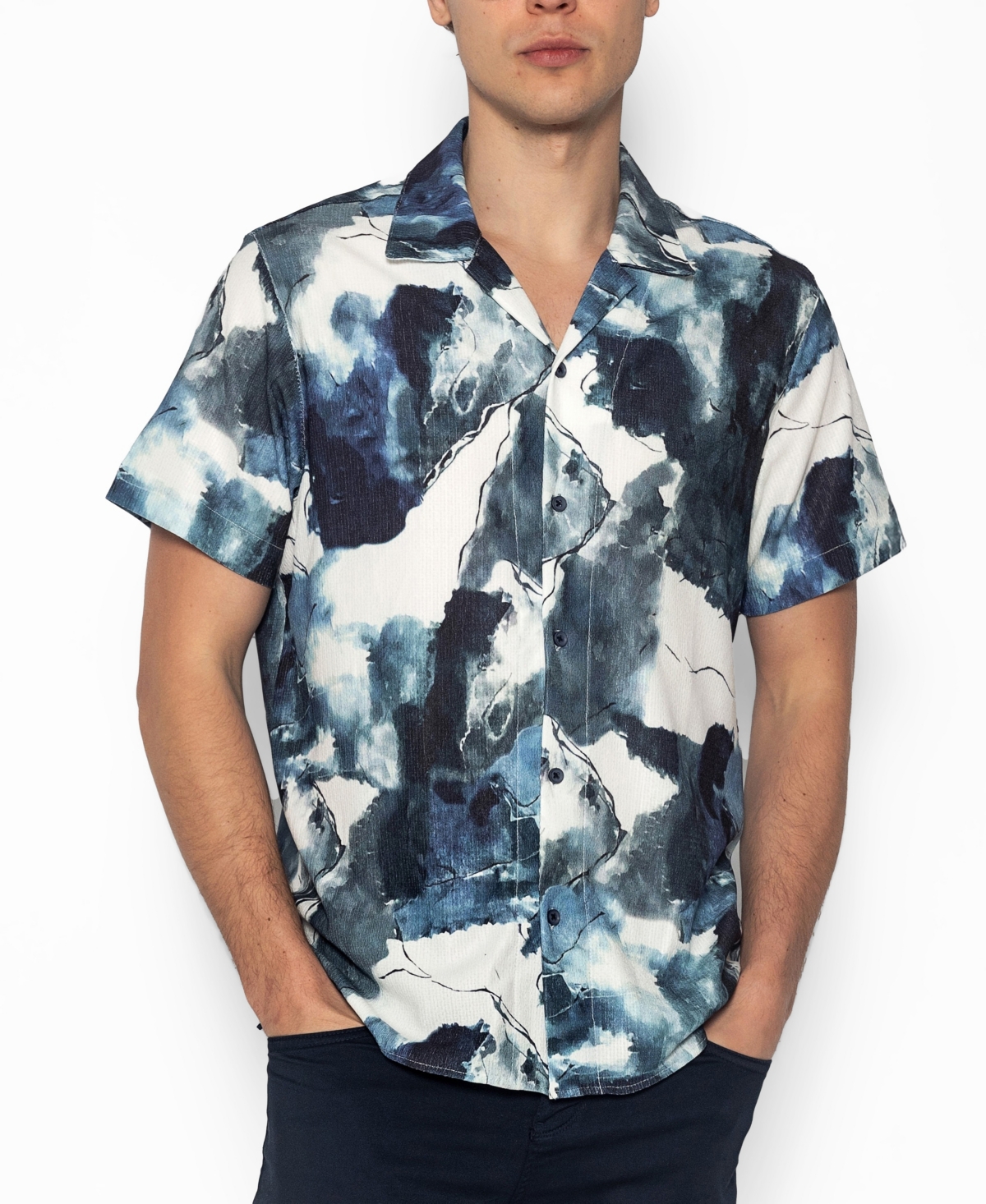 Ron Tomson Men's Allover Pattern Camp Collar Shirt