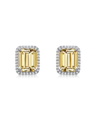 Sterling Silver White Gold Plated with Yellow Cubic Zirconia Square Halo Stud Earrings