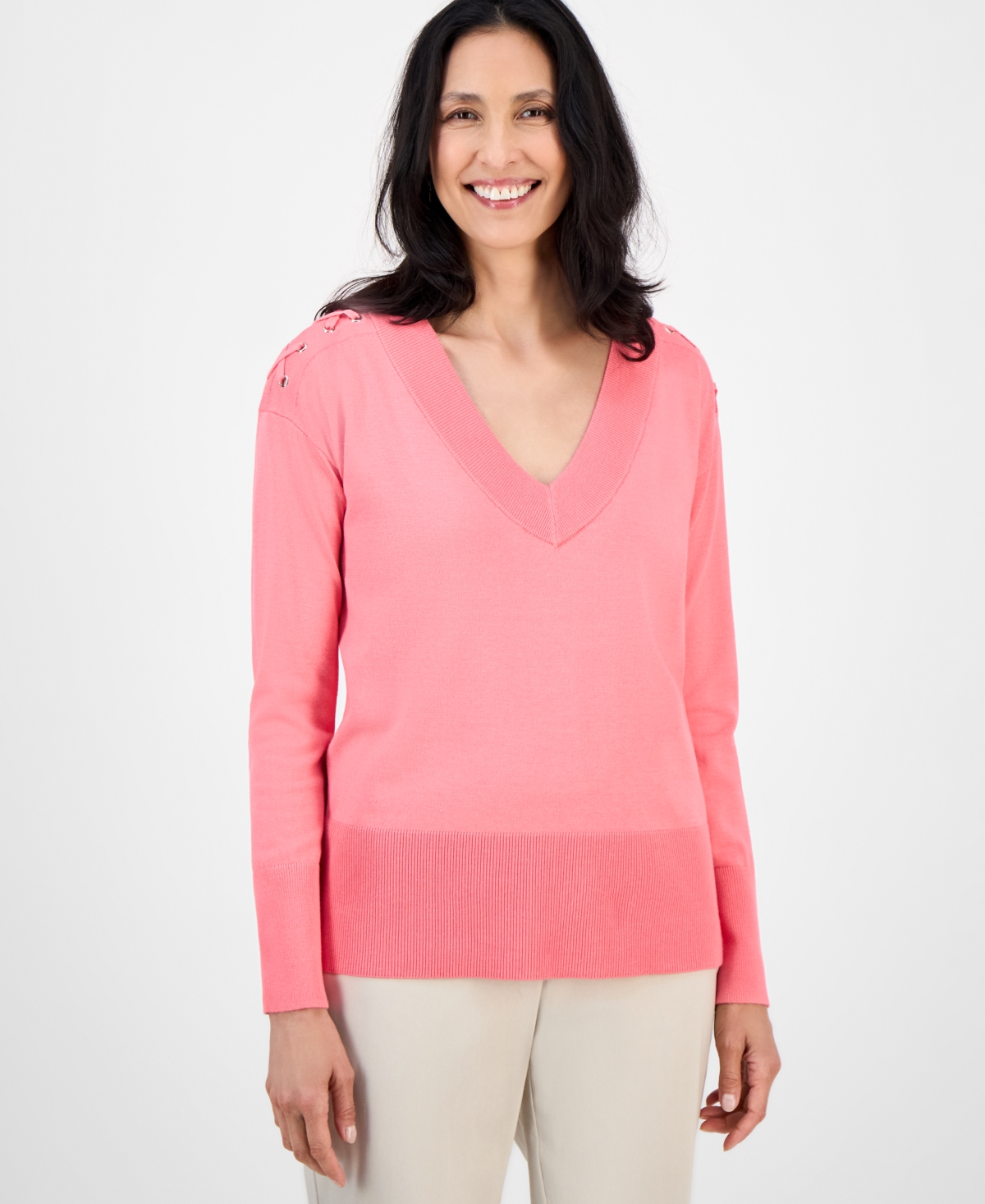 Jm Collection Women's Lace-up Shoulder V-neck Sweater, Exclusively At Macy's In Pink