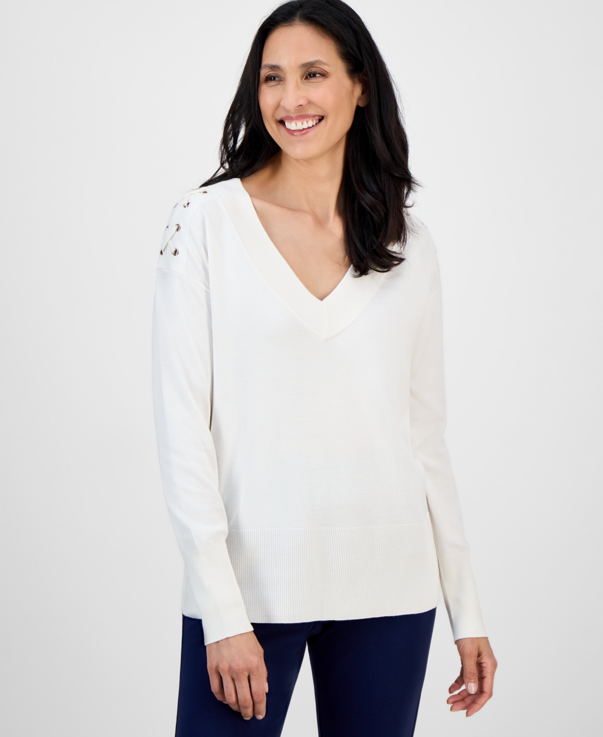 Jm Collection Women's Lace-up Shoulder V-neck Sweater, Exclusively At Macy's In White