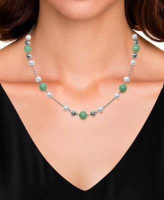 2-Pc. Set Dyed Green Jade & Cultured Freshwater Pearl (6-7mm) Collar Necklace & Bracelet in Sterling Silver