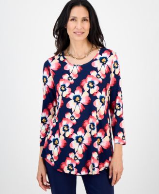 JM Collection - Women's Painted Petunia 3/4-Sleeve Scoop-Neck Top