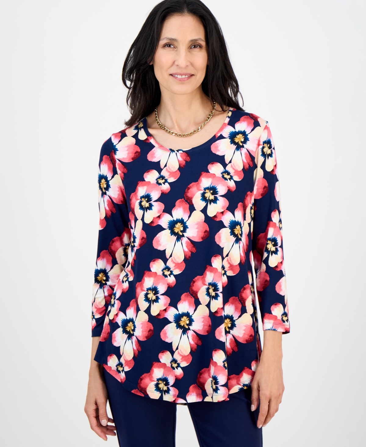 Jm Collection Women's Printed Scoop-neck 3/4-sleeve Top, Exclusively At Macy's In Blue