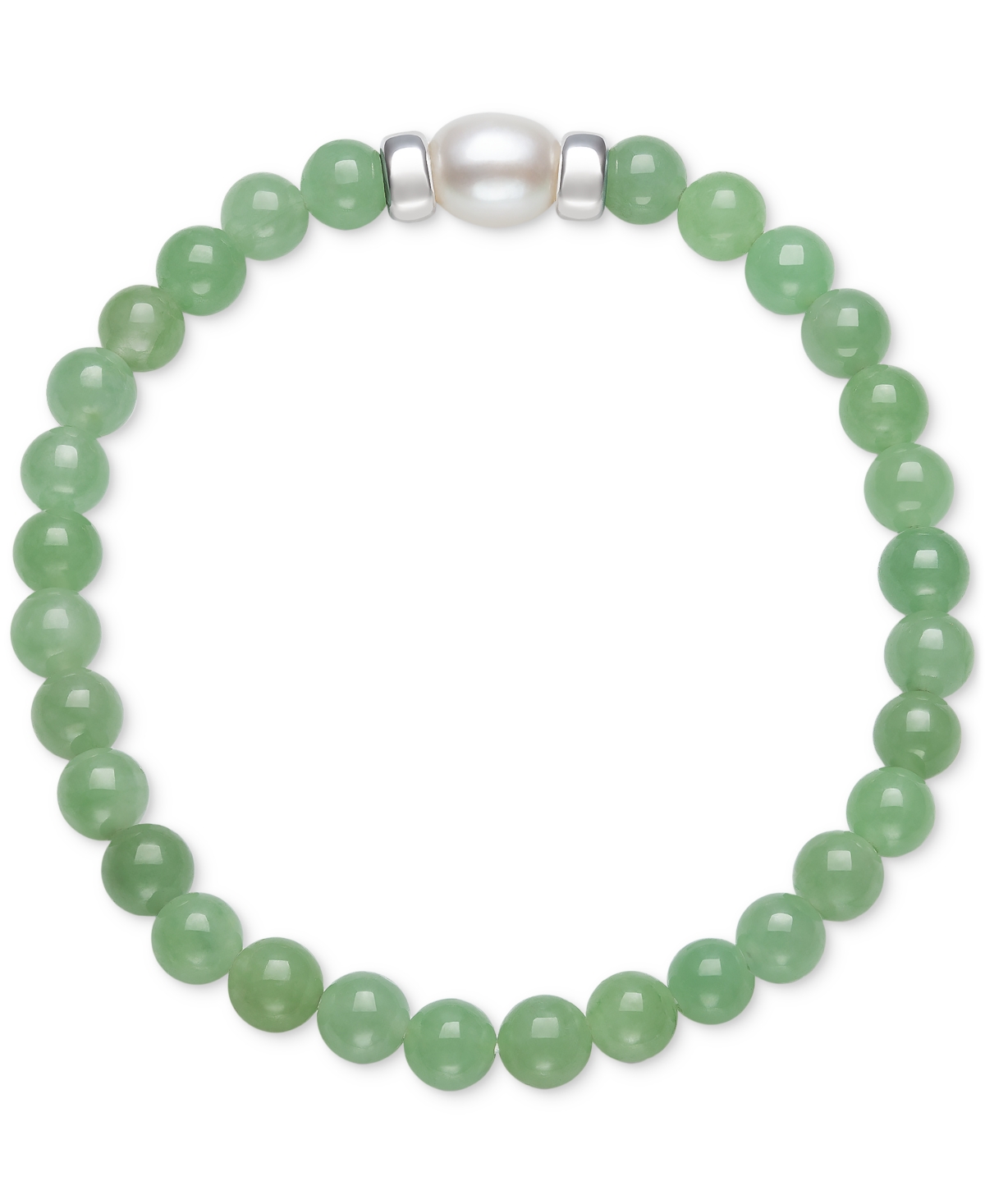 Dyed Green Jade & Cultured Freshwater Pearl (7mm) Bead Bracelet in Sterling Silver - Jade