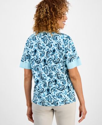 Women's Printed Short-Sleeve Satin-Trim Top