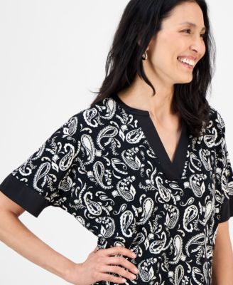 Women's Printed Short-Sleeve Satin-Trim Top, Exclusively at Macy's