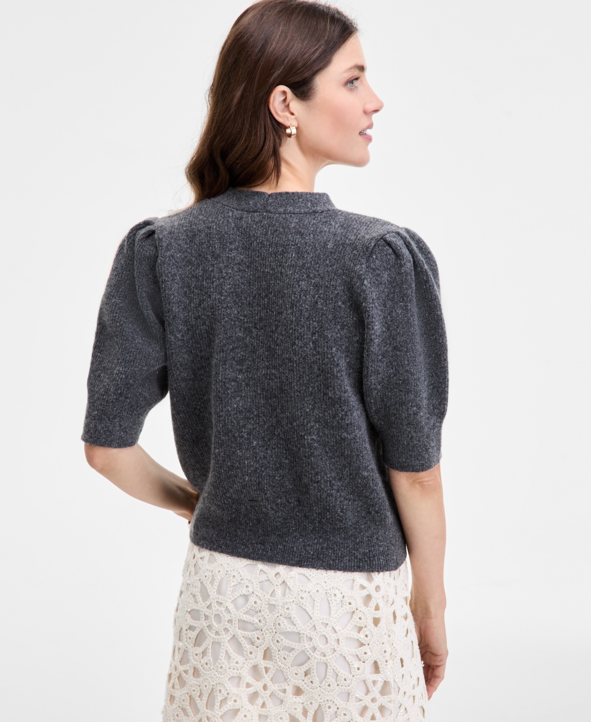 On 34th Women's Puff-sleeve V-neck Cardigan, Macy's Exclusive In Gray