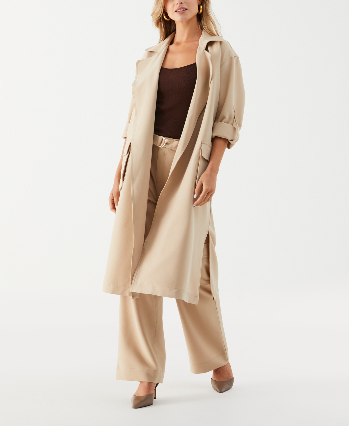 Ella Rafaella Petite Twill Trench Coat Collared Jacket In Brown