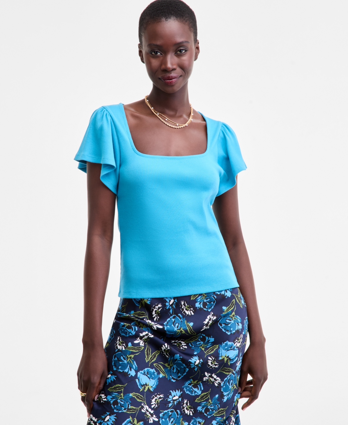On 34th Women's Square-neck Flutter-sleeve Ribbed Top, Macy's Exclusive In Blue