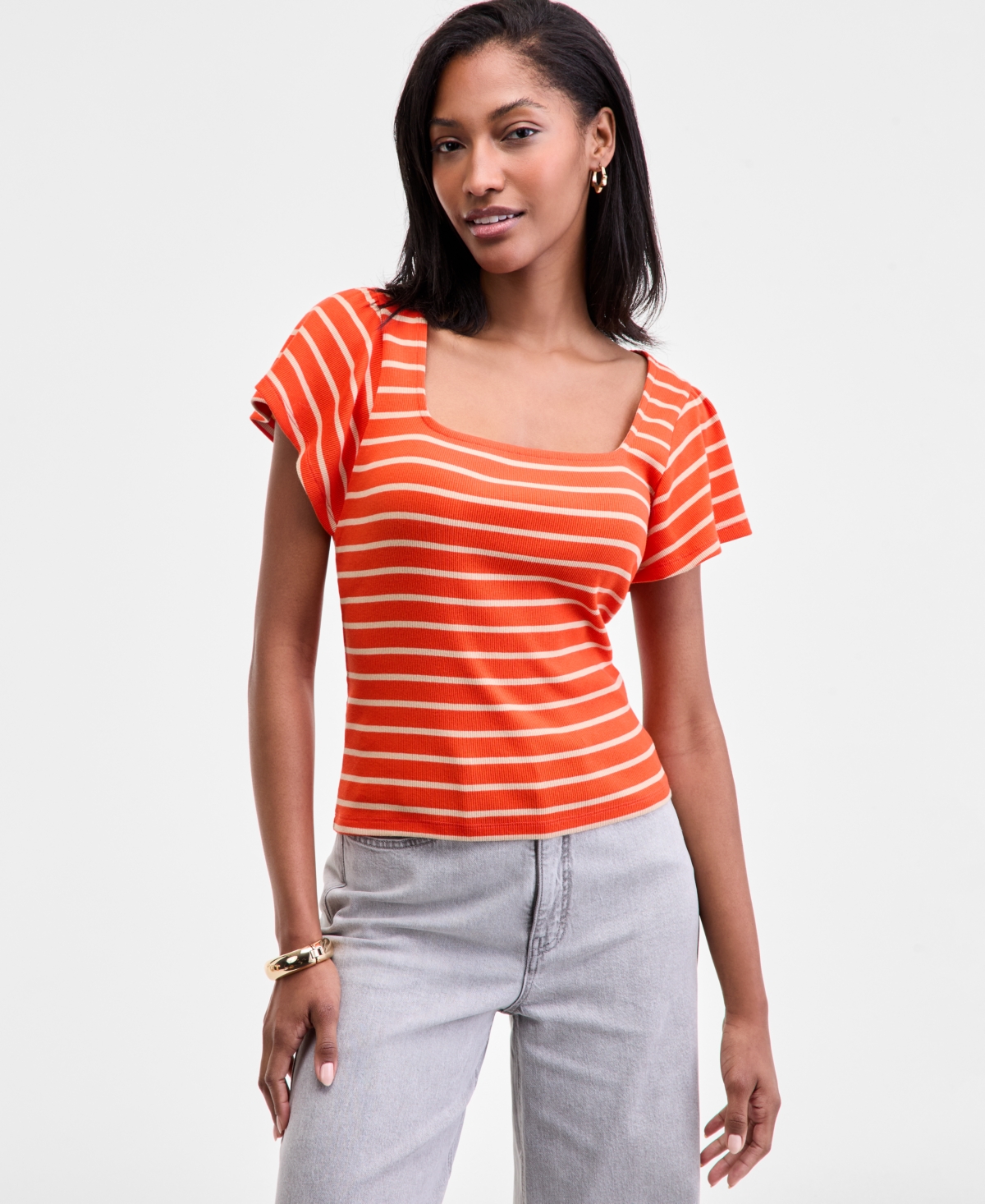 On 34th Women's Square-neck Flutter-sleeve Ribbed Top, Macy's Exclusive In Orange