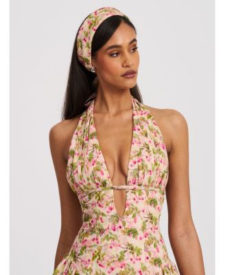 Women's Mackenzie Green and Pink Floral Print Halter Linen Mini Dress