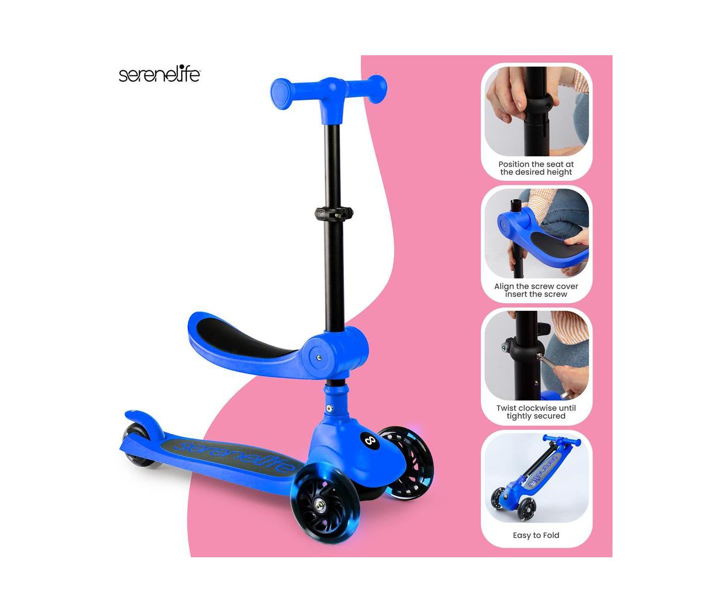 Детская игрушка SereneLife 3-Wheel Lean-to-Steer Built-in LED Wheel Lights Kids Scooter, Ages 2+, цвет: Синий — фото 5