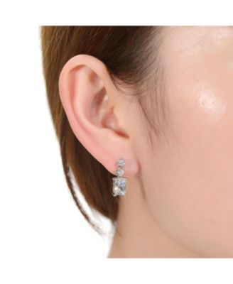 White Gold Plating with Clear Cubic Zirconia Radiant & Round Three-Stone Drop Earrings