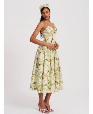 Women's Jacinda Green Floral Print Ruched Breast Linen Midi Dress
