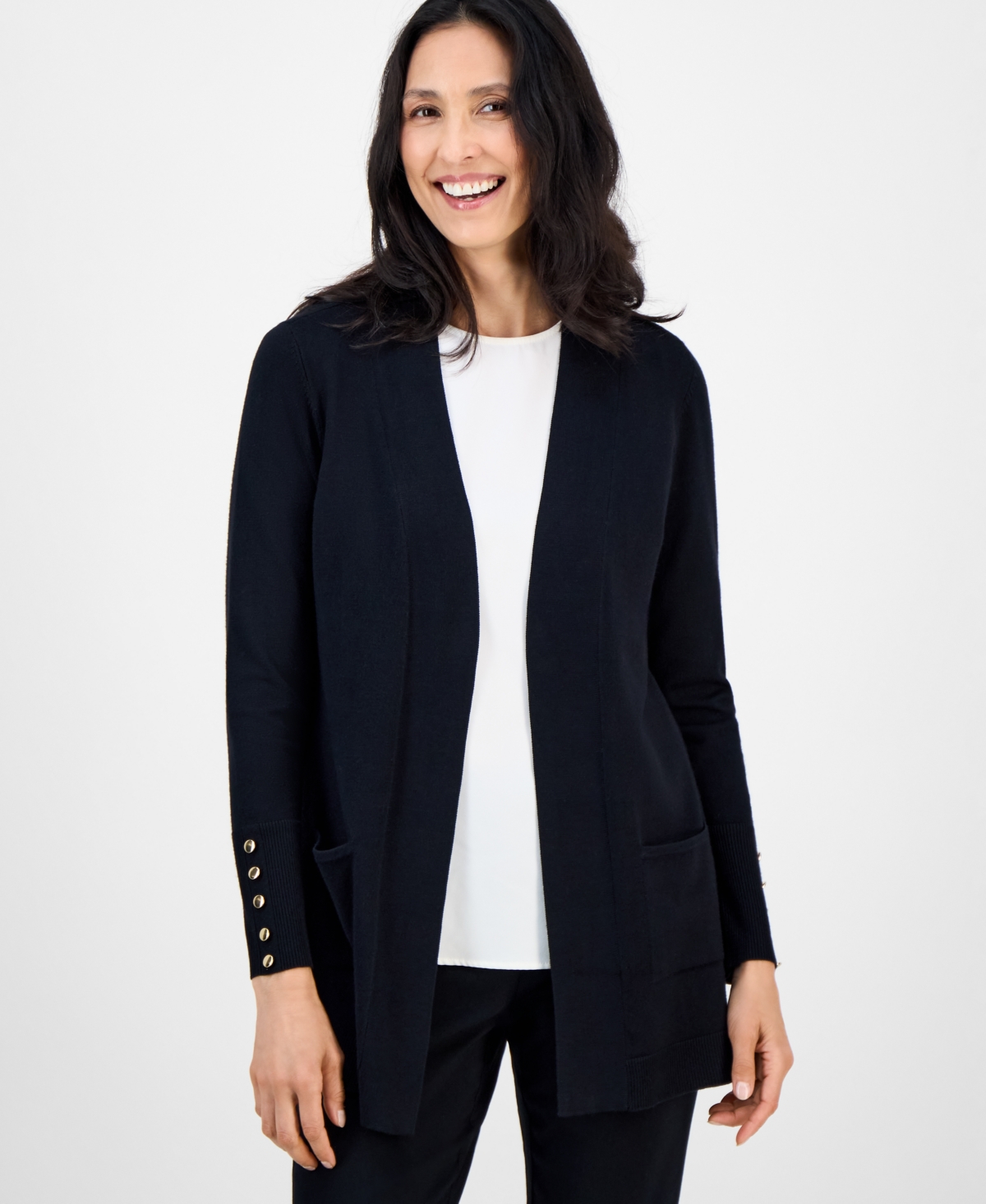 Jm Collection Women's Button-Sleeve Flyaway Cardigan Sweater - Deep Black