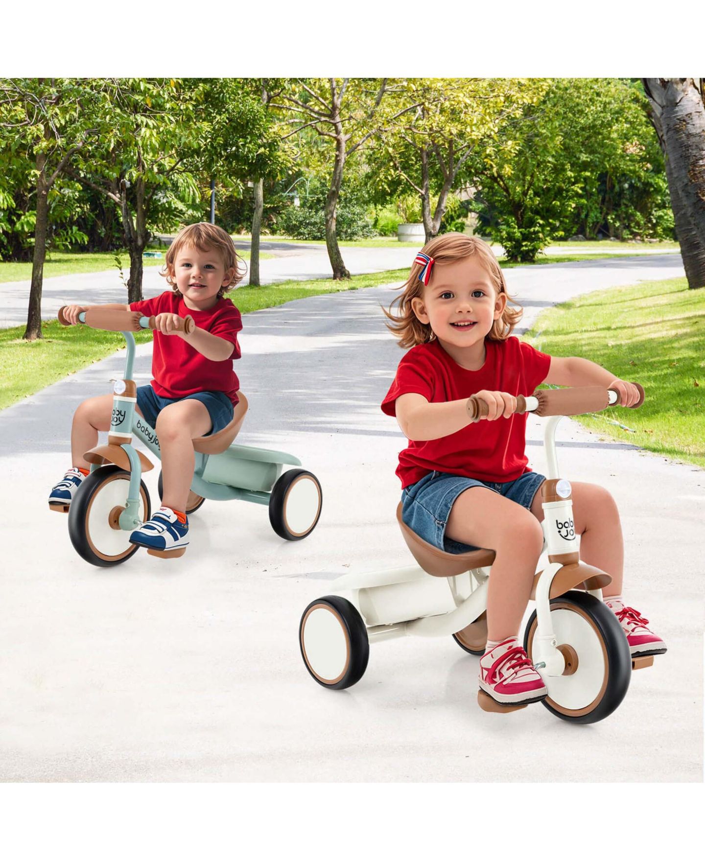 Детская игрушка Costway Toddler 3-Wheel Tricycle with Storage Basket and Adjustable Seat, 55 lb. Capacity, Ages 3-5, цвет: Бежевый / Хаки — фото 6