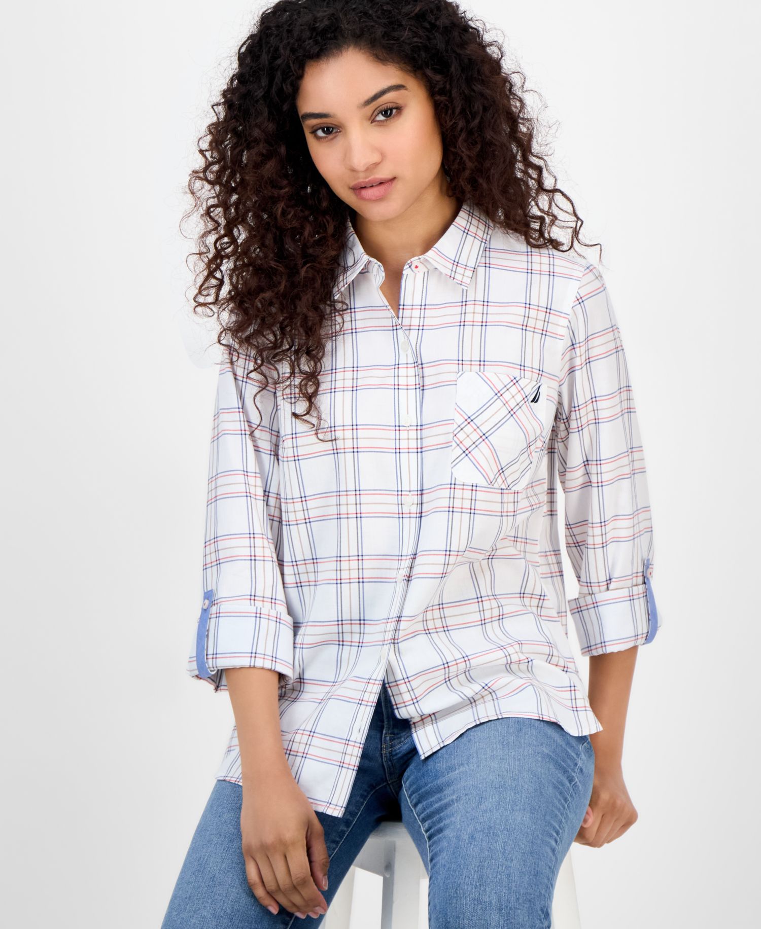 Nautica Women's Providence Plaid Cotton Roll-Tab-Sleeve Shirt