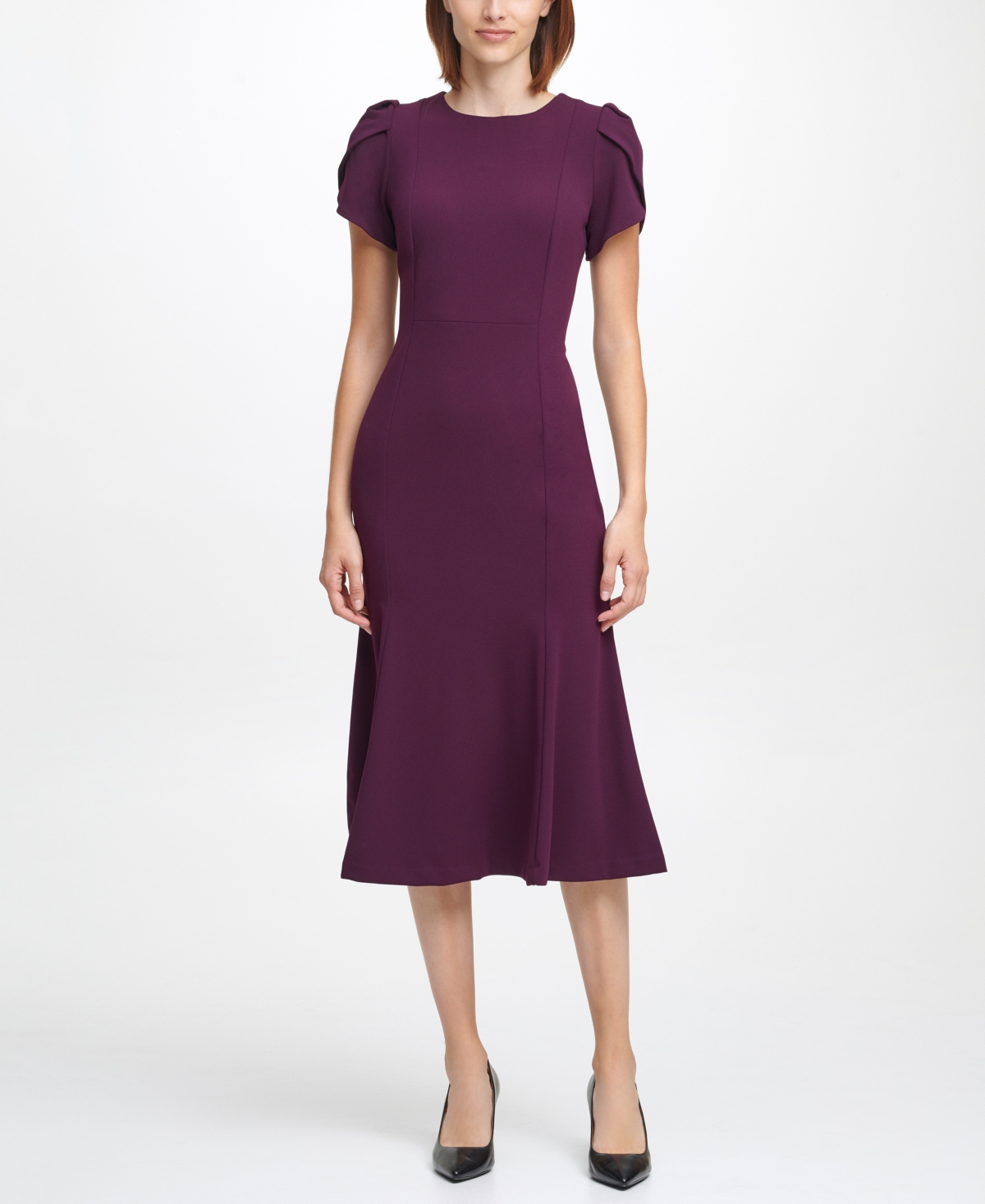 Calvin Klein Tulip Sleeve Crepe A-line Midi Dress In Purple