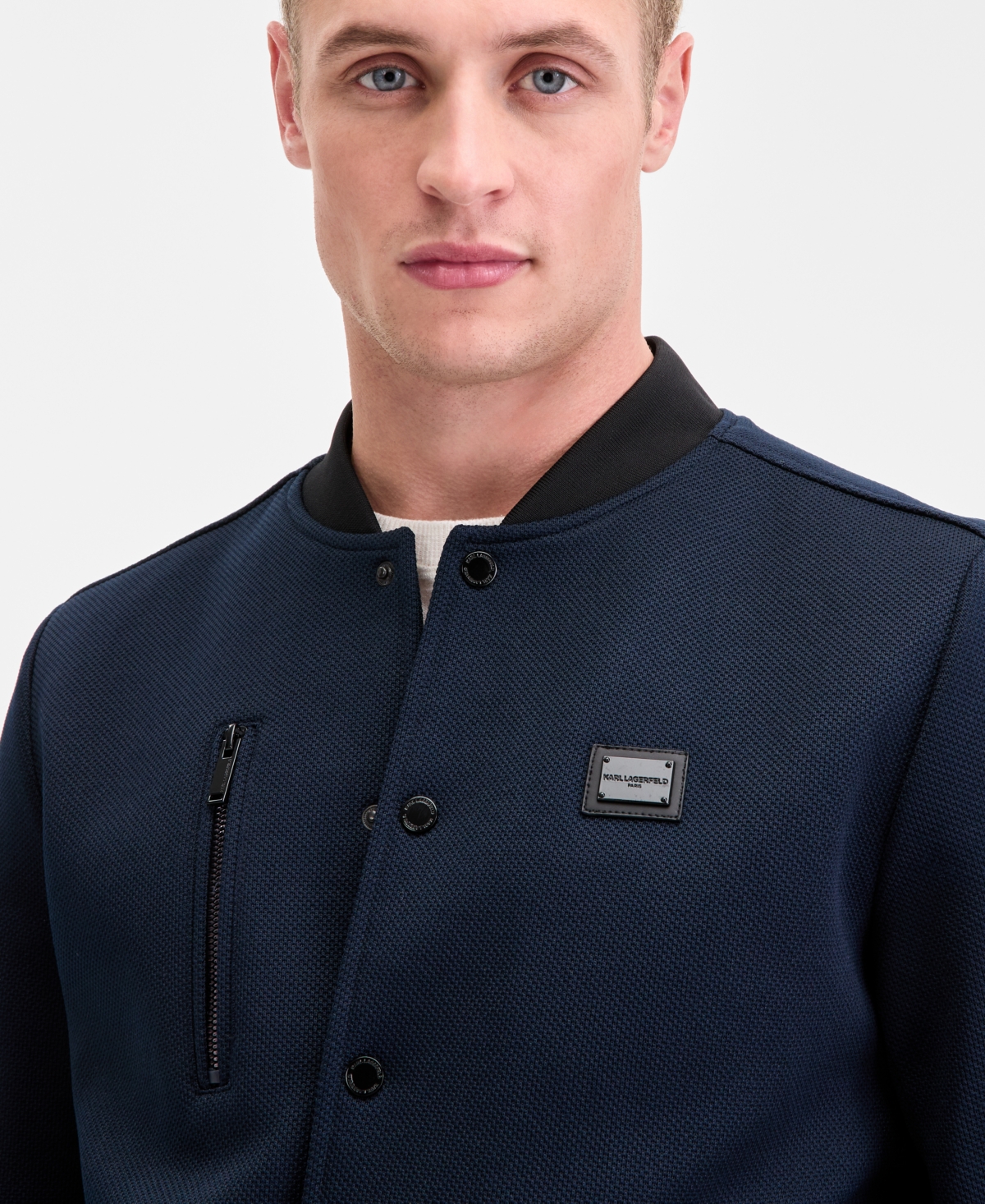 Karl Lagerfeld Men's Textured Varsity Zip Bomber Jacket In Blue