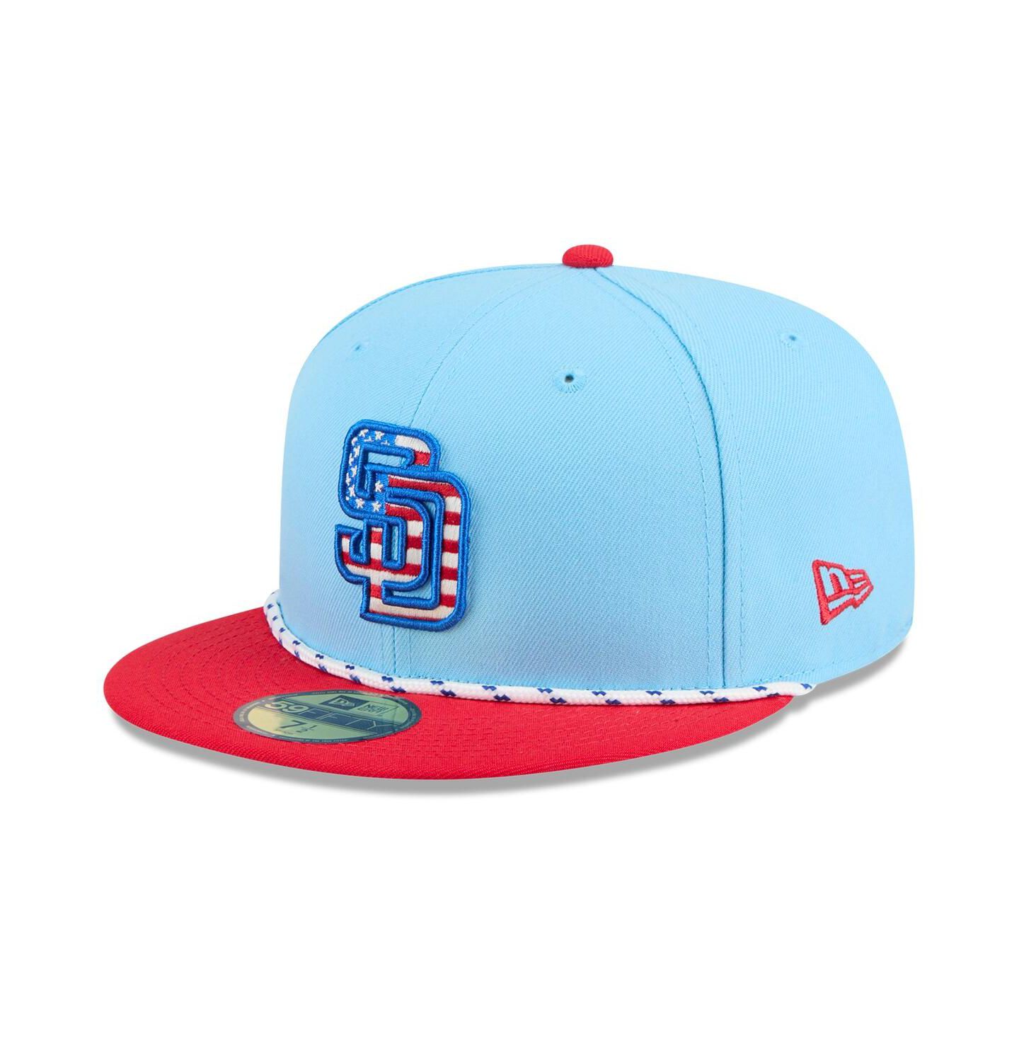 Мужская кепка New Era Light Blue/Red San Diego Padres 2025 Fourth of July 59FIFTY Fitted Hat — фото 1