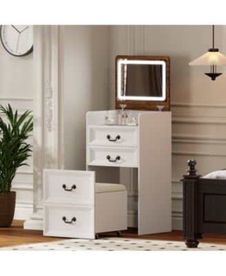 Flip-top vanity desk with mirror and stool.