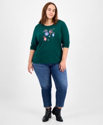 Plus Size Ornament Print Long-Sleeve T-Shirt, Macy's Exclusive