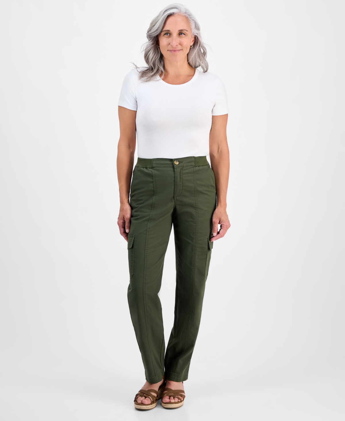 Style & Co Petite Knit-waist Cargo-pocket Utility Pants, Macy's Exclusive In Green