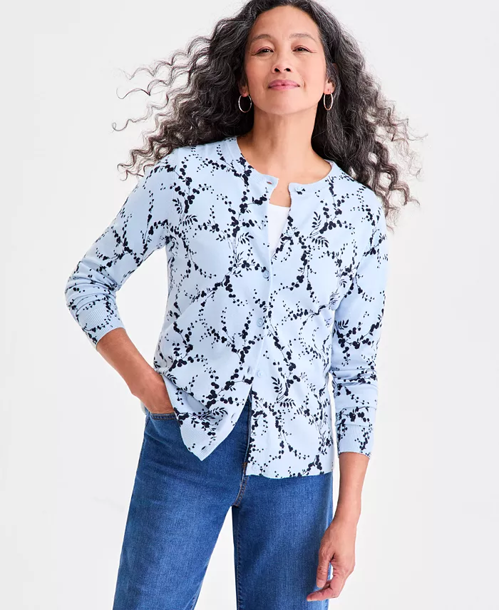 Women's Printed Crewneck Button-Front Cardigan